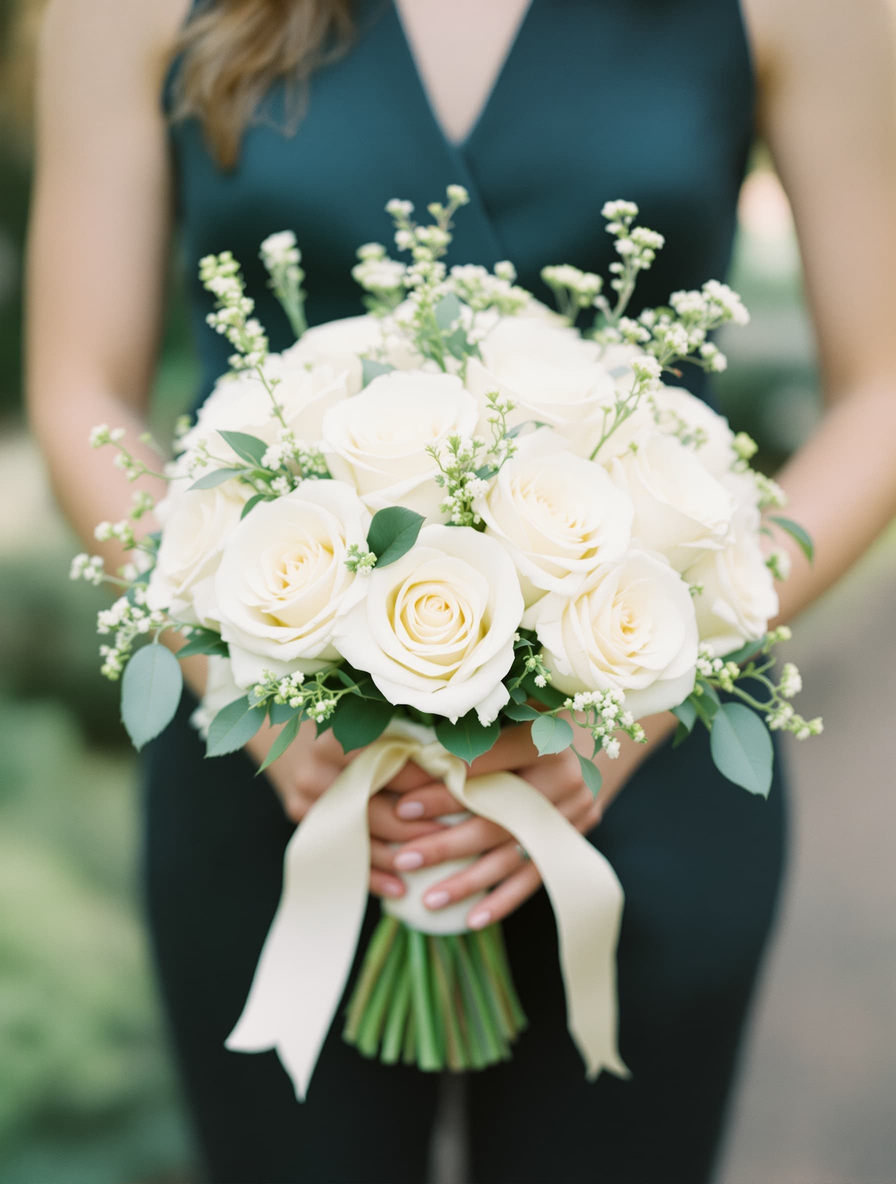 Bridal bouquet of long-stem white roses tied with cream silk ribbon