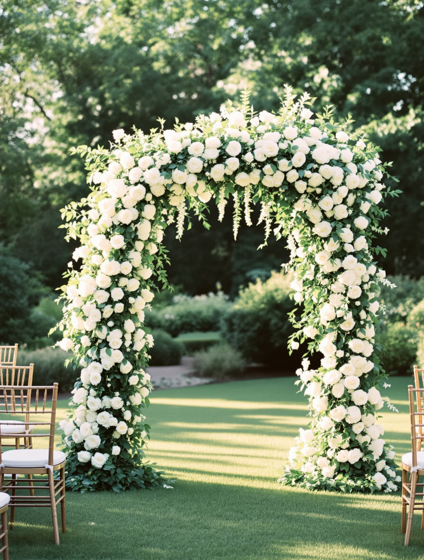 Wedding ceremony floral arch with trailing greenery and white roses at a garden venue