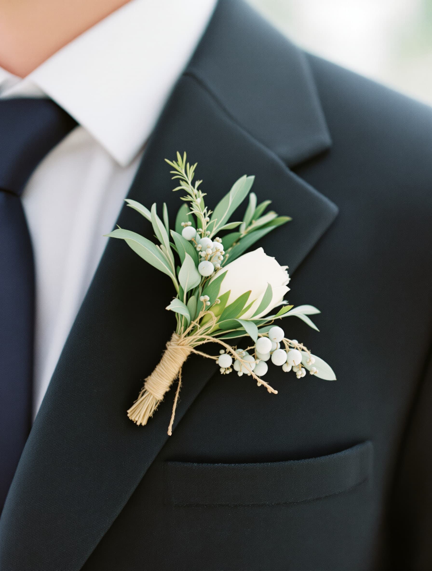 Delicate buttonhole boutonniere of white rosebud, olive and twine on a charcoal wool lapel