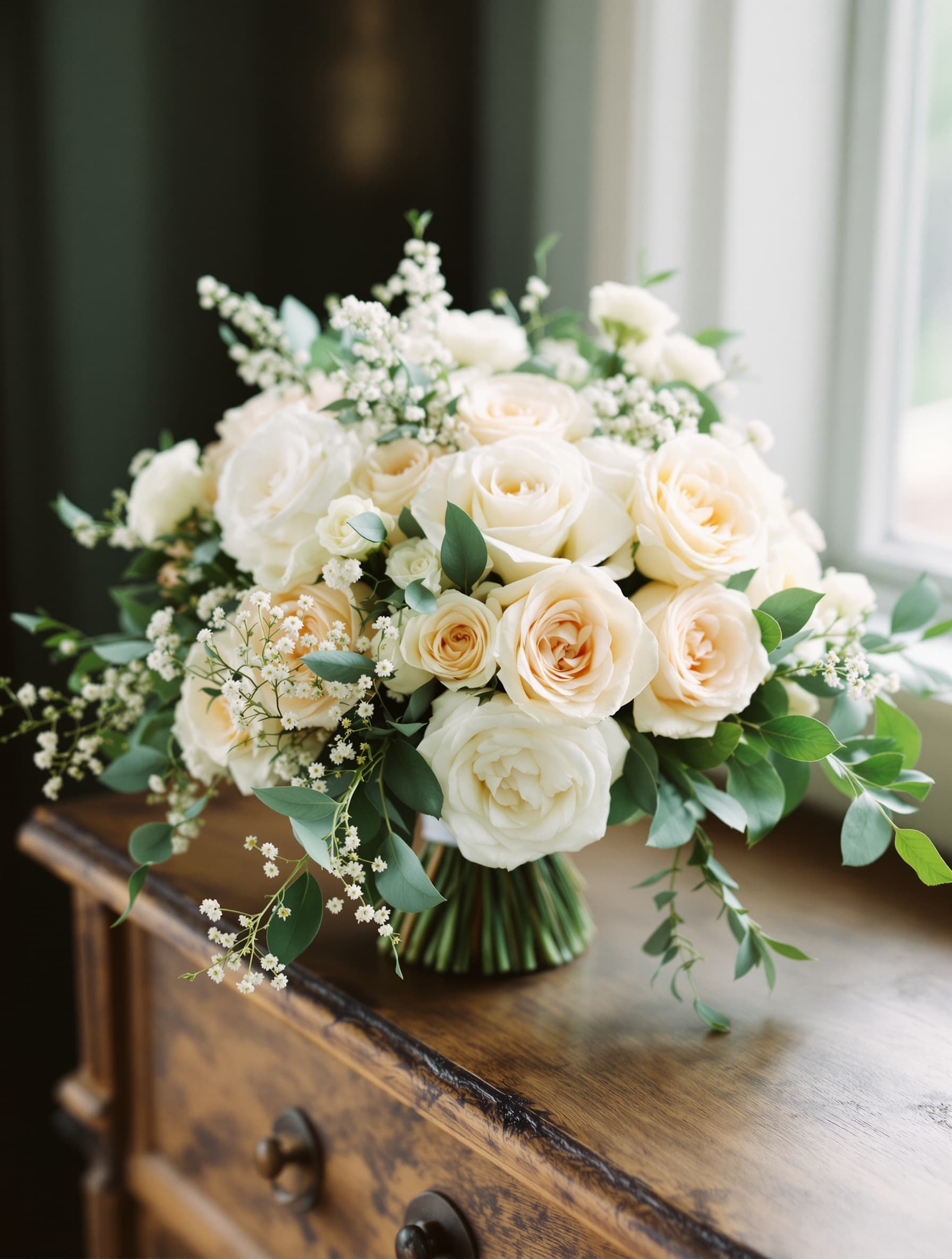 Round bridal bouquet of cream garden roses, ranunculus and astrantia on a vintage timber dresser